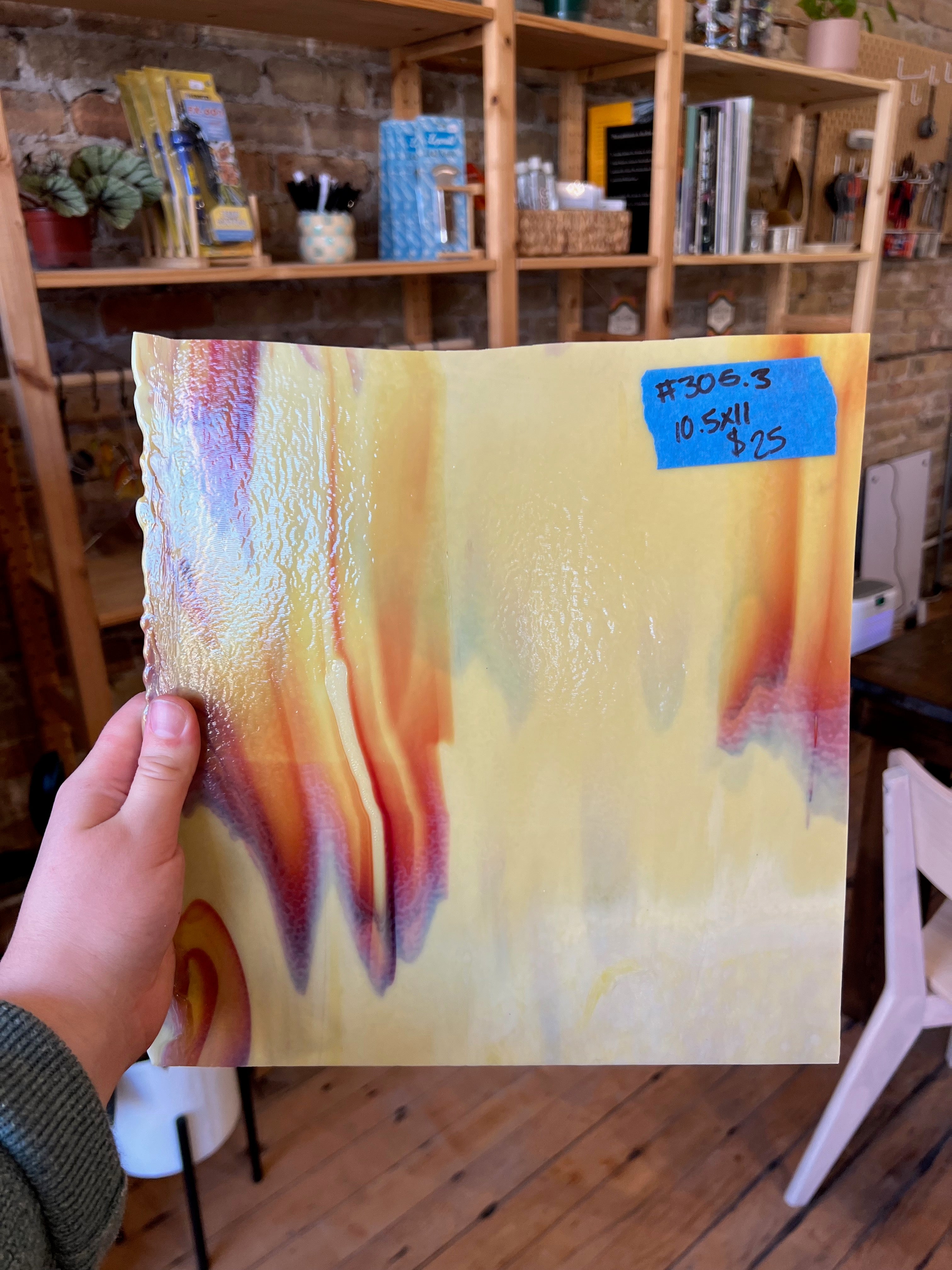 [#305] Bullseye Soft Yellow Opal, Deep Red Fusible