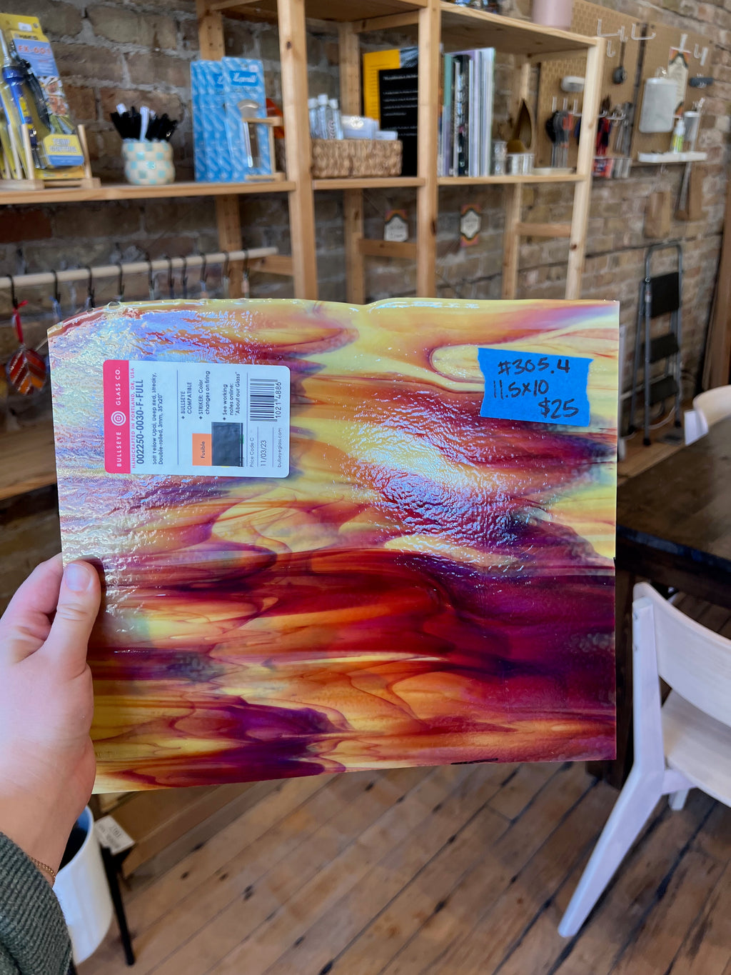 [#305] Bullseye Soft Yellow Opal, Deep Red Fusible