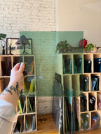 Person holding a green transparent textured piece of stained glass in front of a blurred sunny interior. 