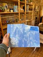 Person holding a blue mottled piece of glass a room with wooden shelves and decor.