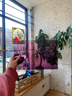 Sheet of transparent purple glass in an interior setting 