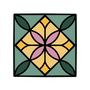 Decorative tile with a floral design in yellow, pink, and green on a white background