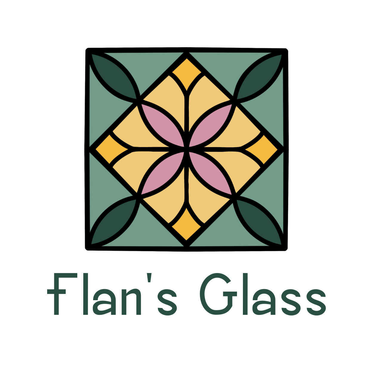 Stained glass design with 'Flan's Glass' text below on a white background