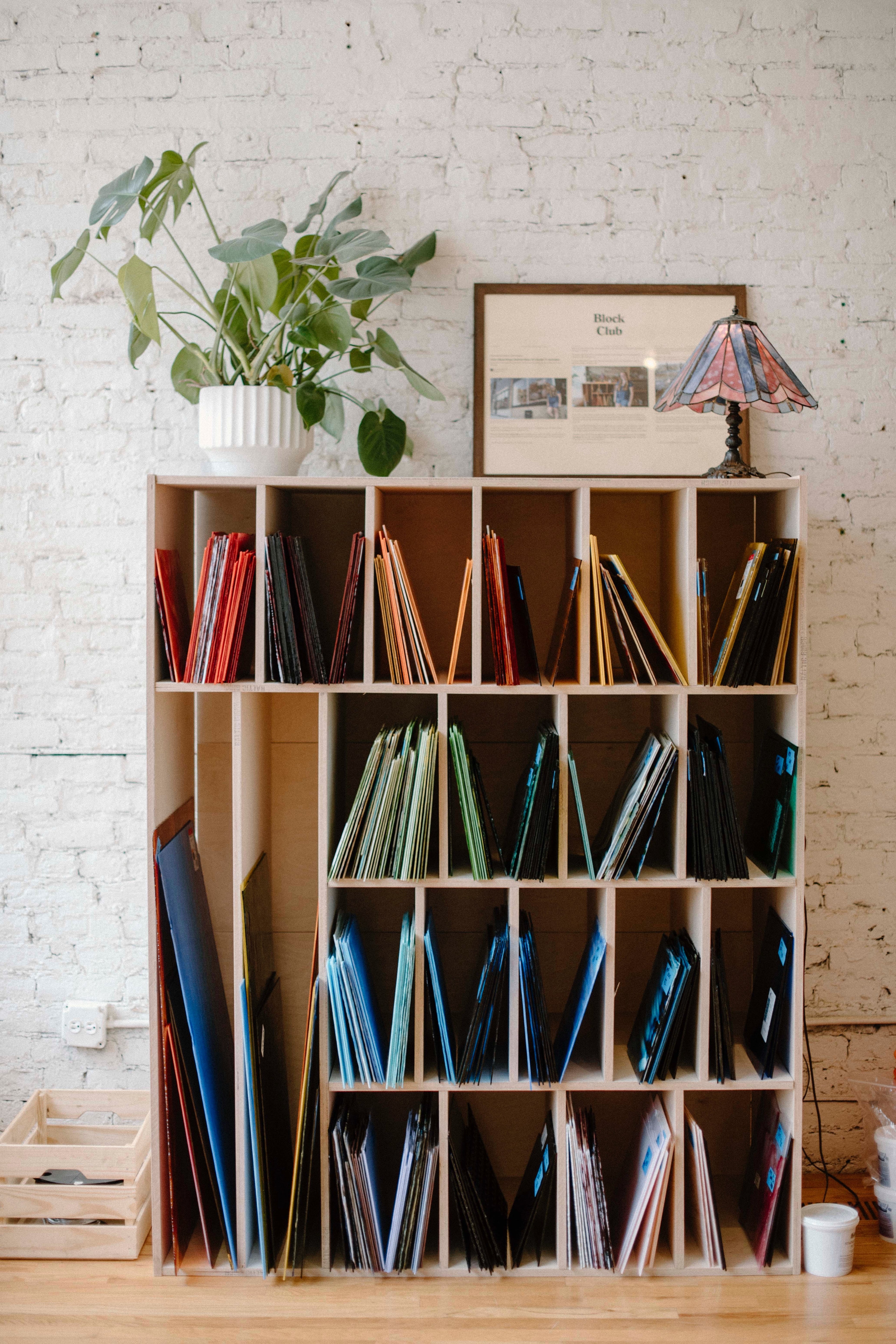 Wooden bookshelf with books and a plant against a white brick wall.