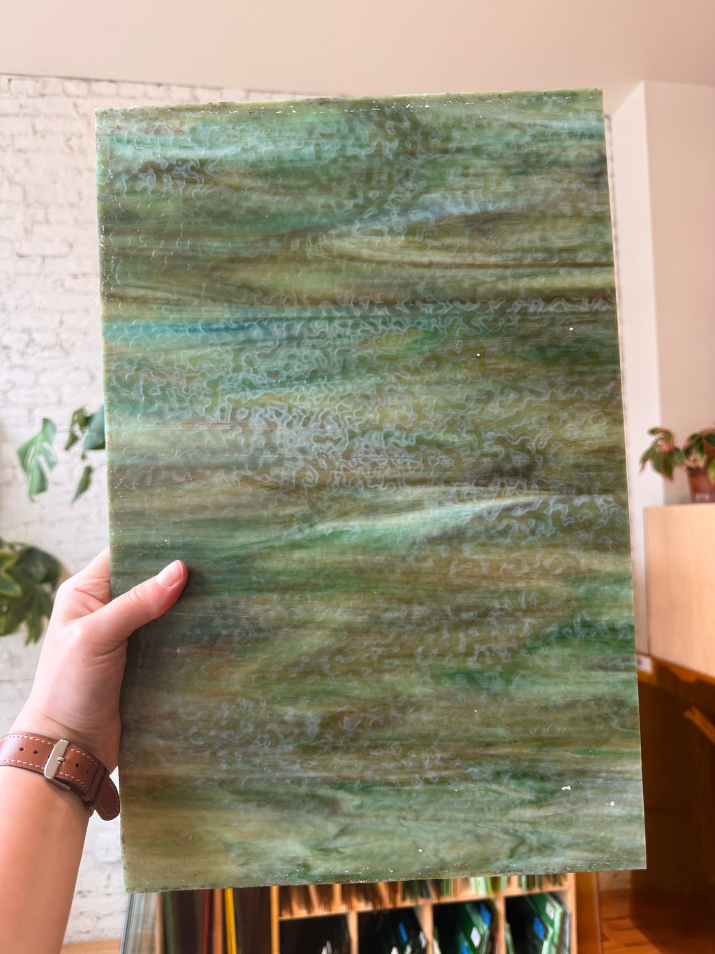 Wissmach Green, Amber & White Wispy Opalescent
