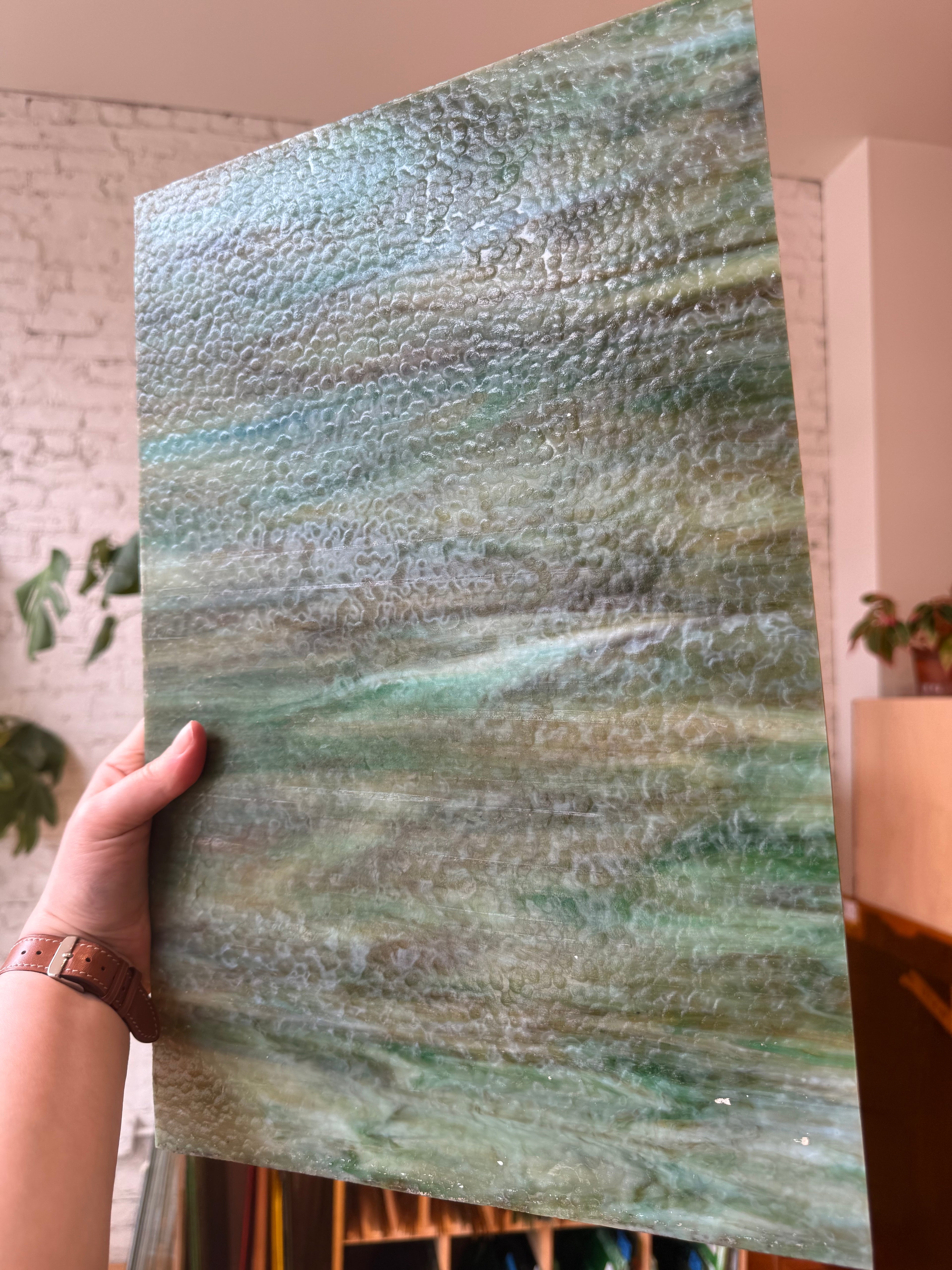 Wissmach Green, Amber & White Wispy Opalescent