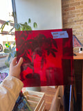 Person holding a red glass sheet with a blurred background