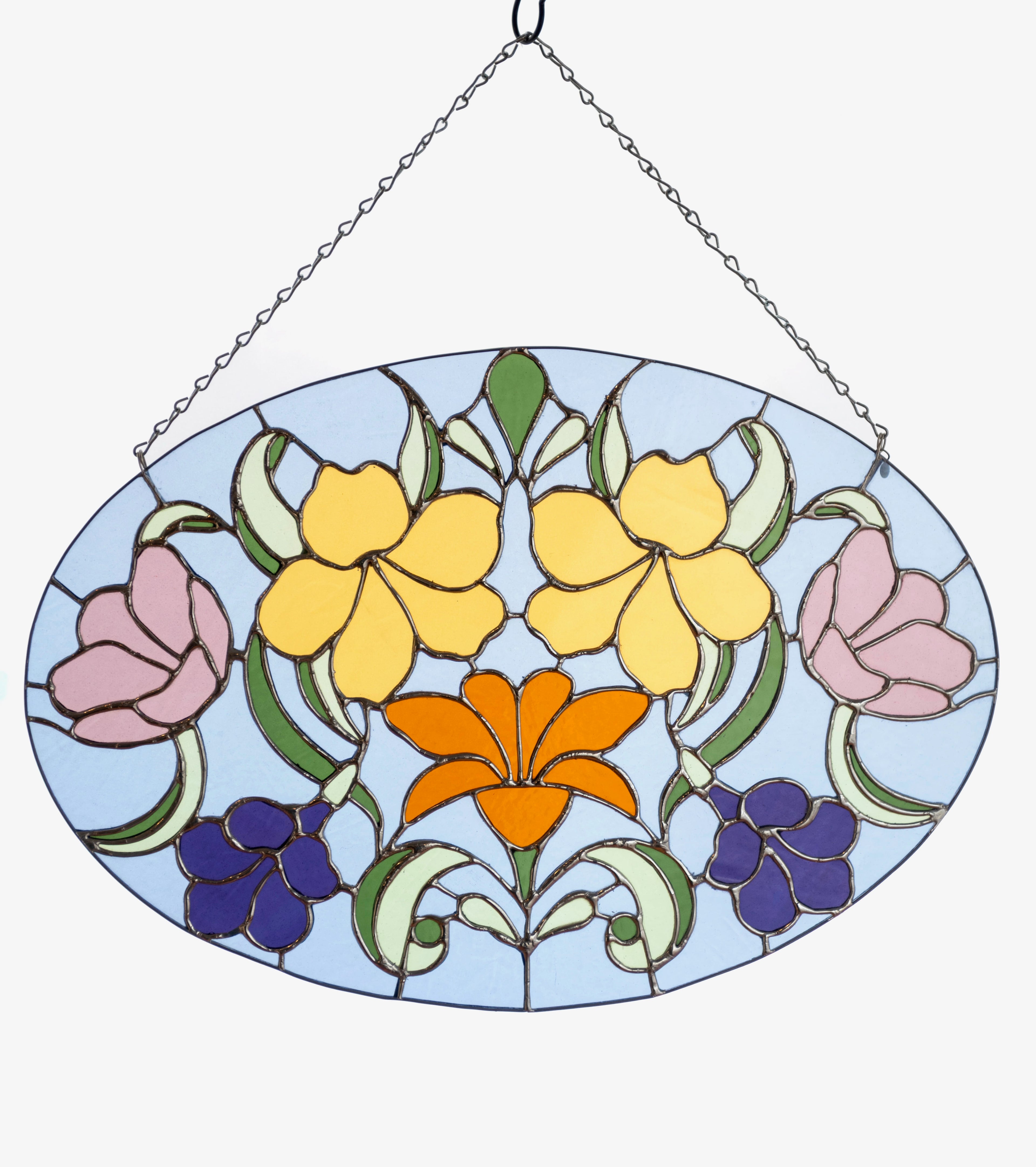 Oval-shaped stained glass panel with colorful flowers on a white background