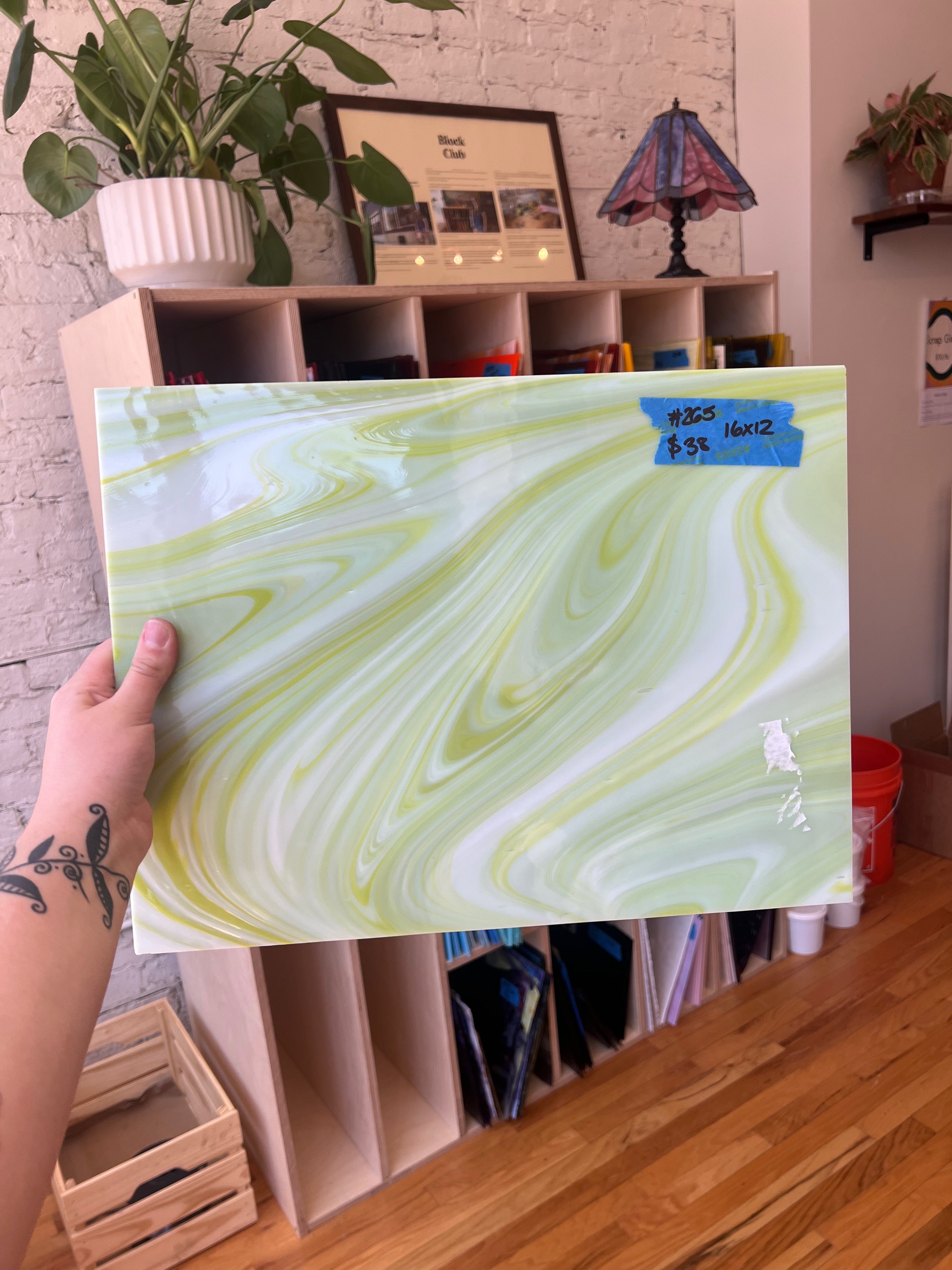 [#265] Oceanside Glass Fusers' Reserve Lemongrass Green, White Swirls