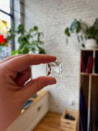 Hand holding a crystal-like object in a room with plants and a bookshelf.