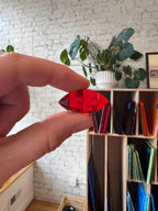Hand holding a red gem with a bookshelf and plants in the background