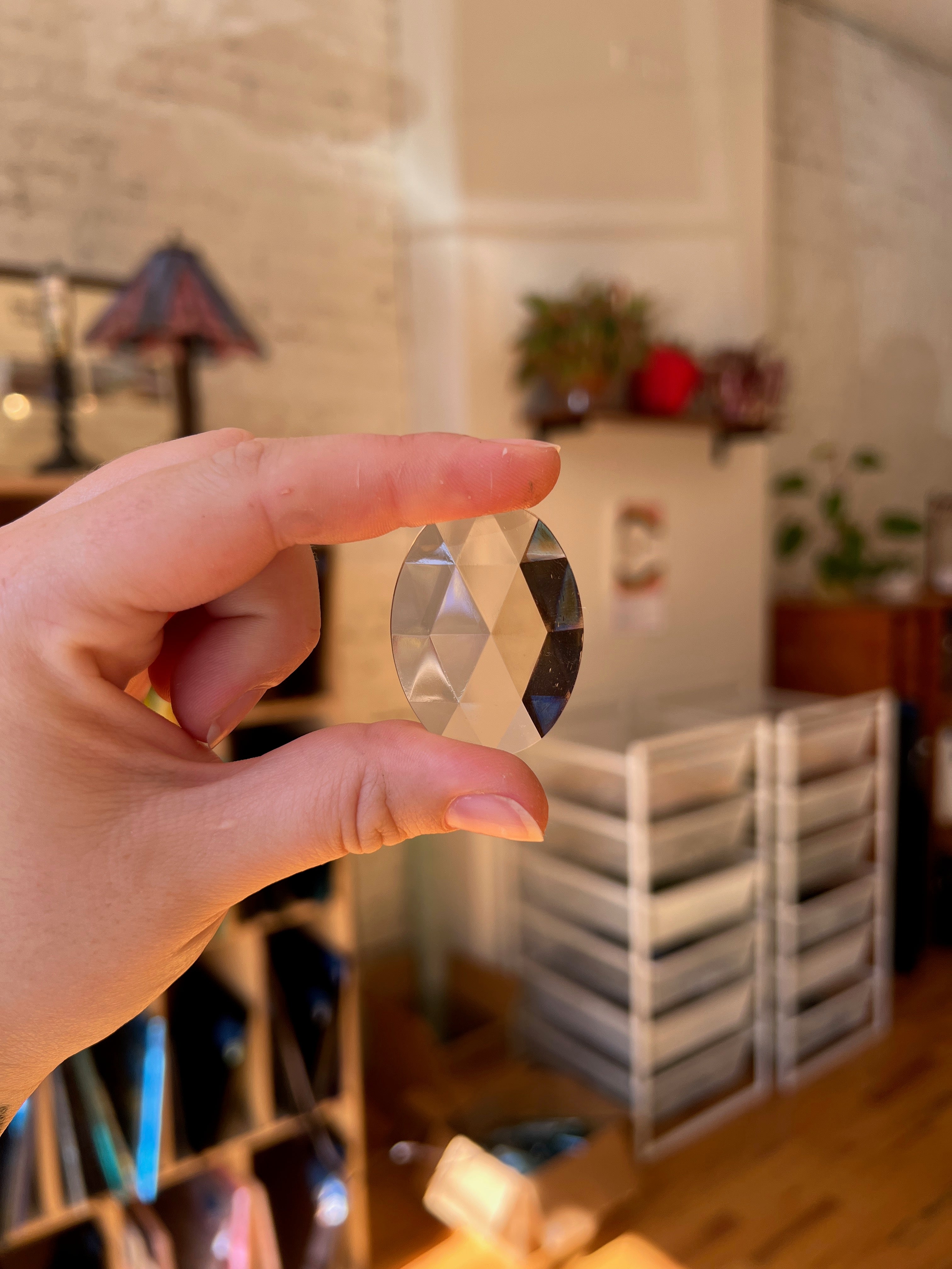 Hand holding a crystal-like object with a blurred indoor background