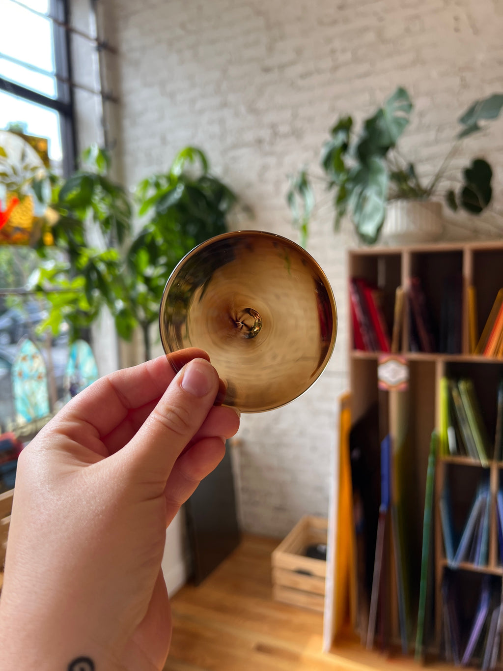 Hand holding a rondel with a blurred indoor background