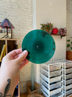 Hand holding a green rondel against a room background with shelves and plants.