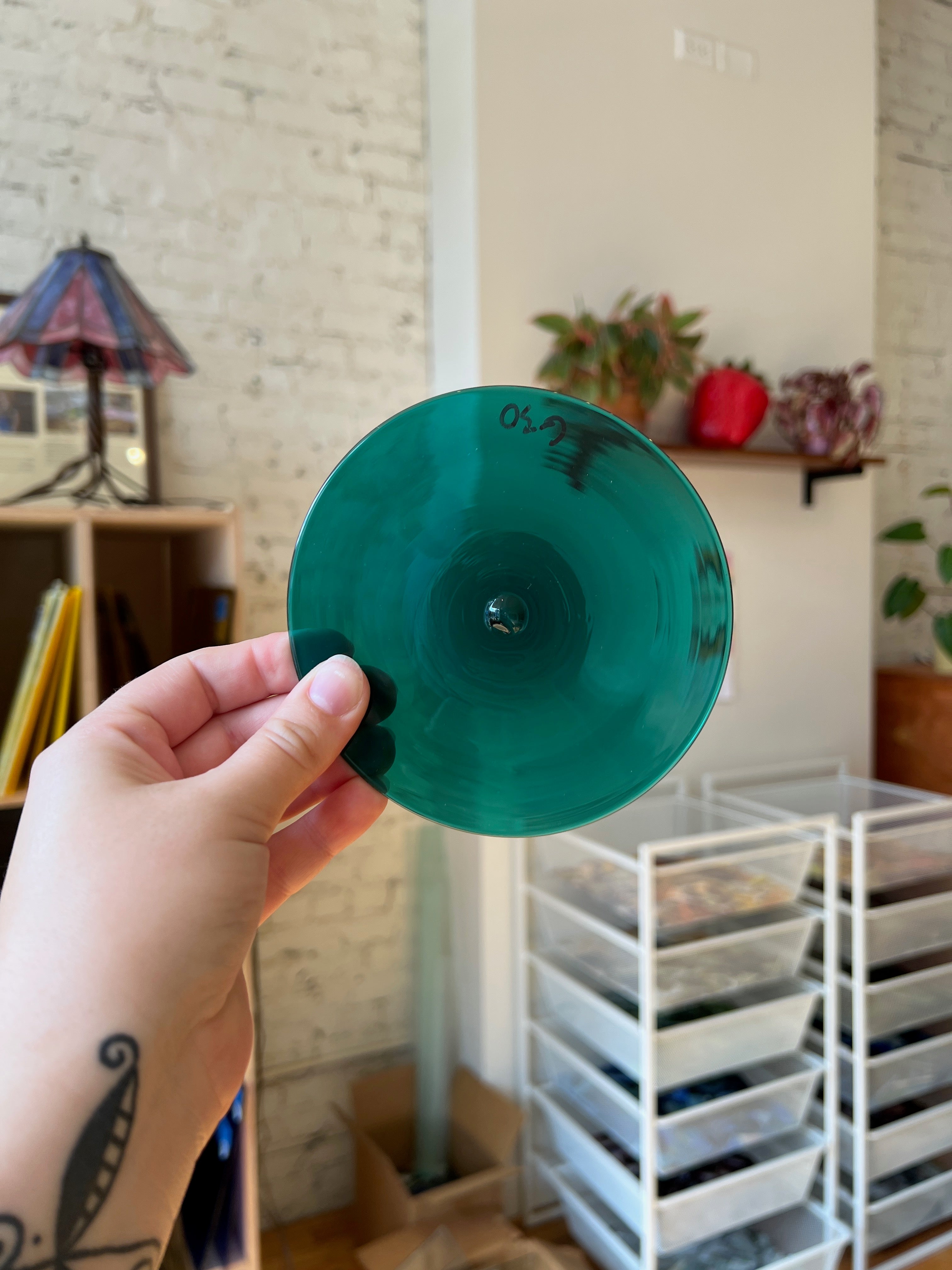 Hand holding a green rondel against a room background with shelves and plants.