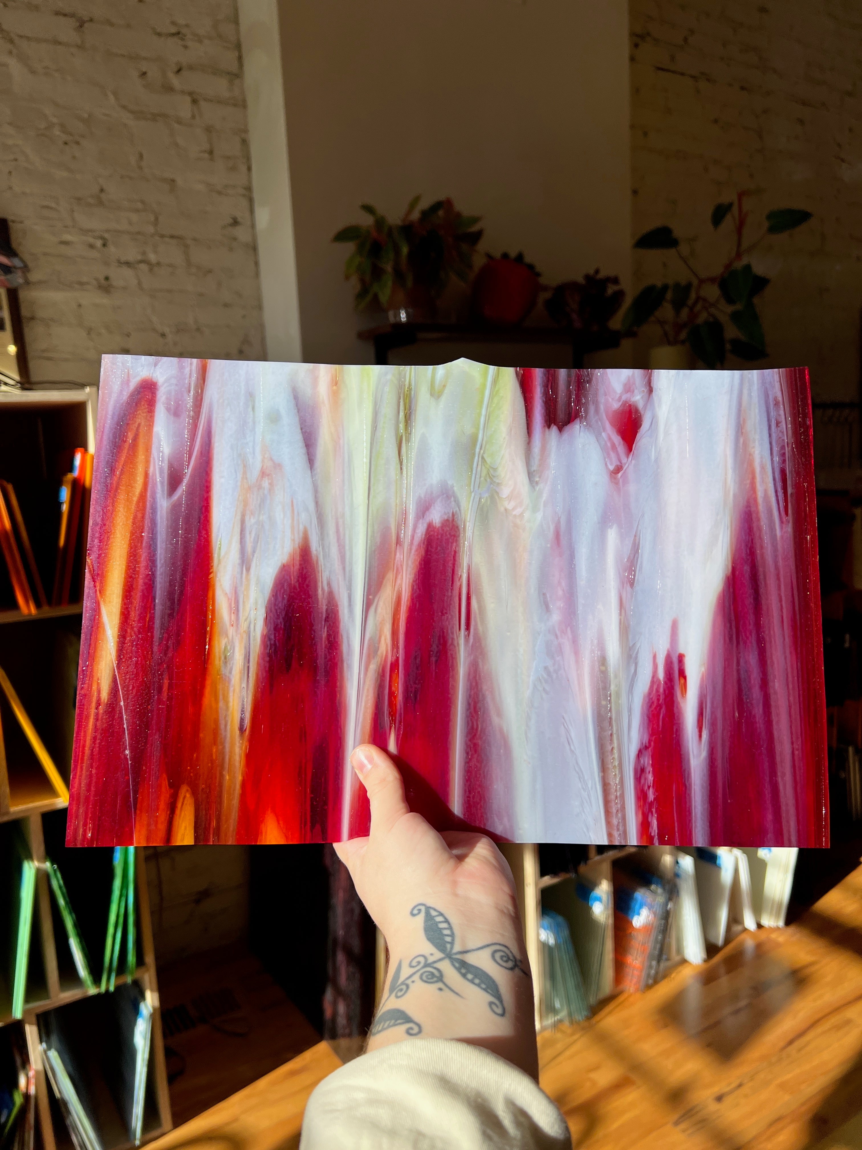 Hand holding a colorful glass sheet in a room with plants and a bookshelf.