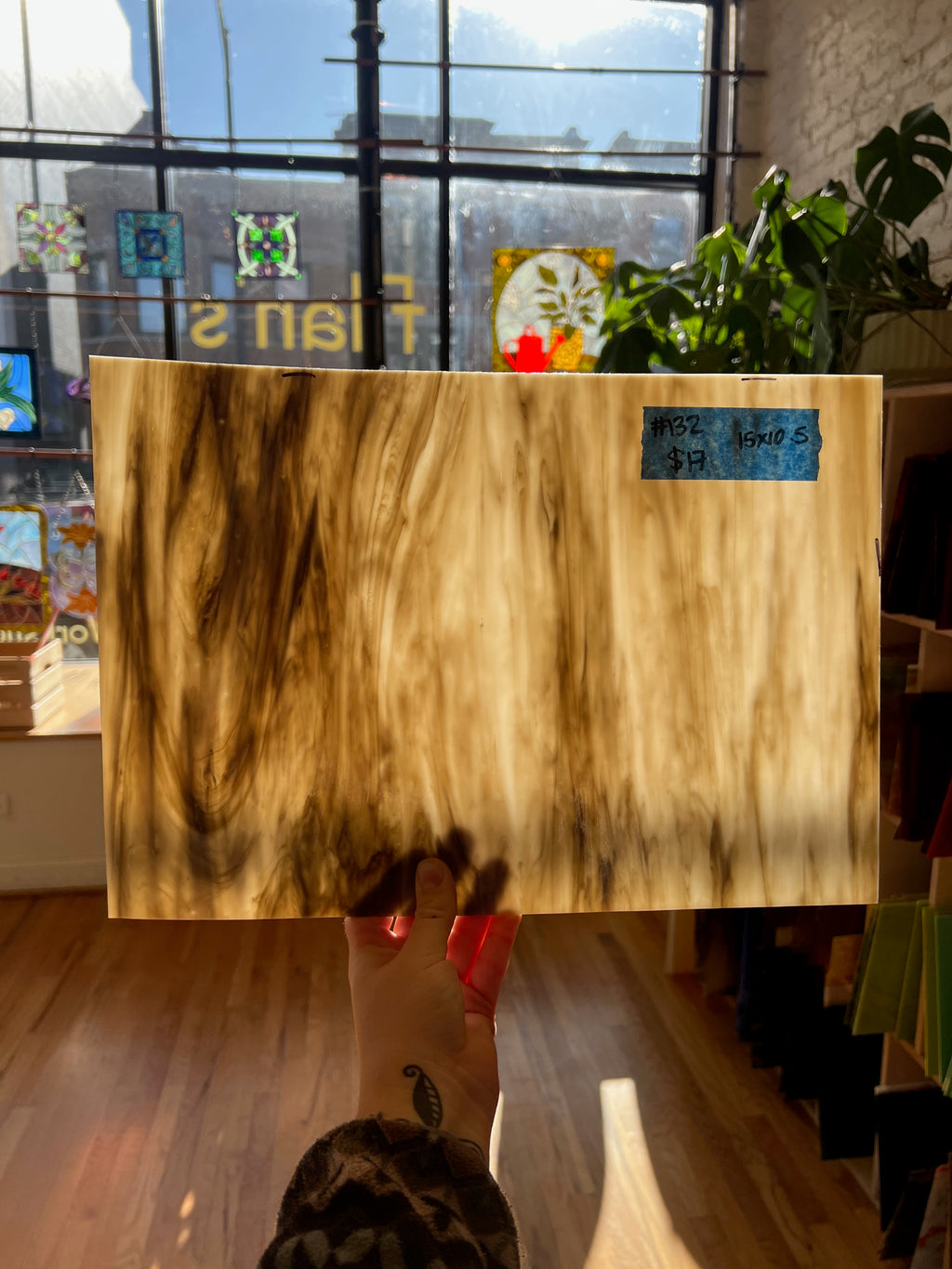 Glass sheet held in front of a window with plants and decor.