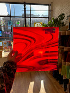 Person holding a red glass sheet in a room with large windows and plants.