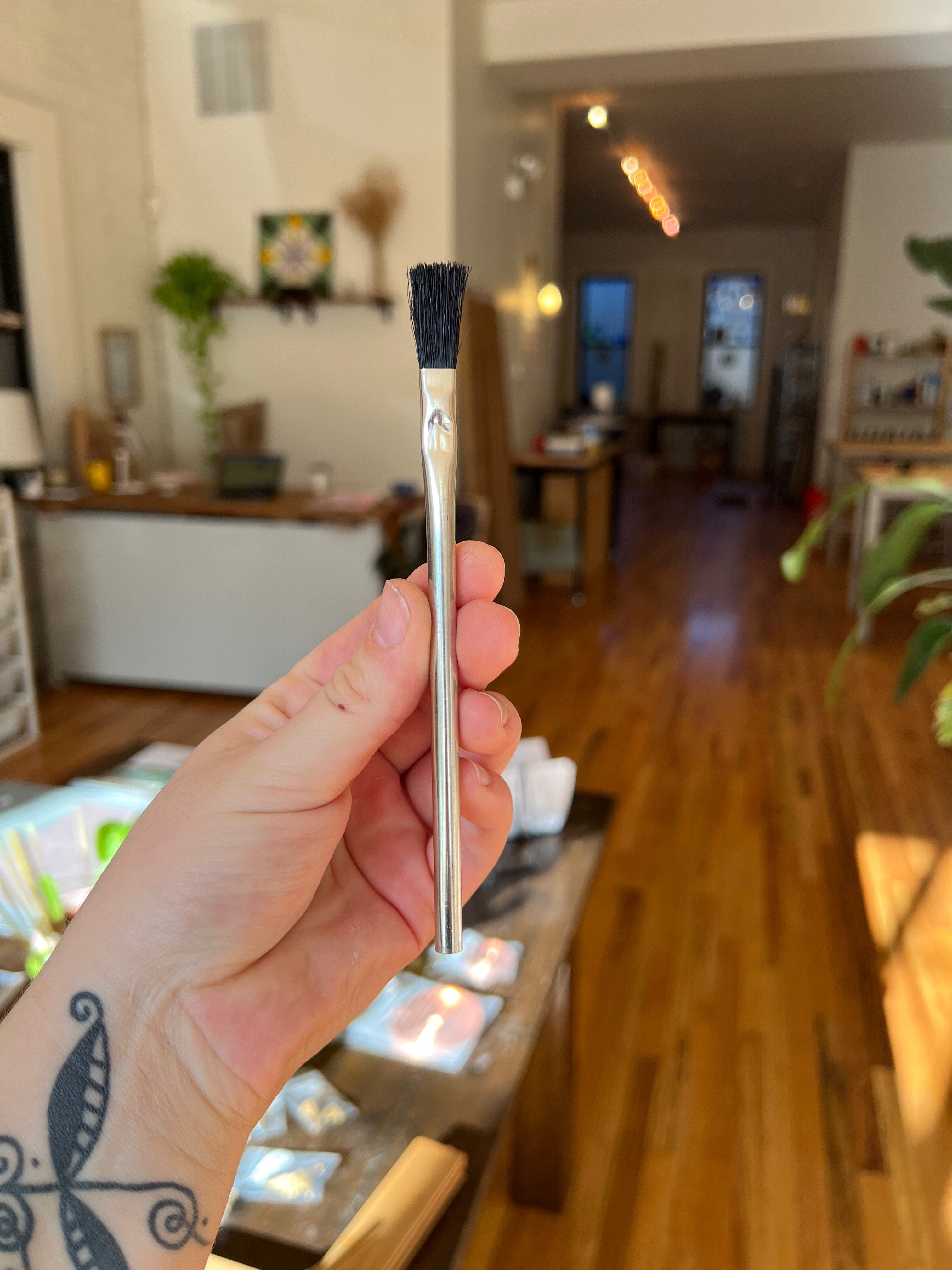 Hand holding a brush with a blurred living room in the background