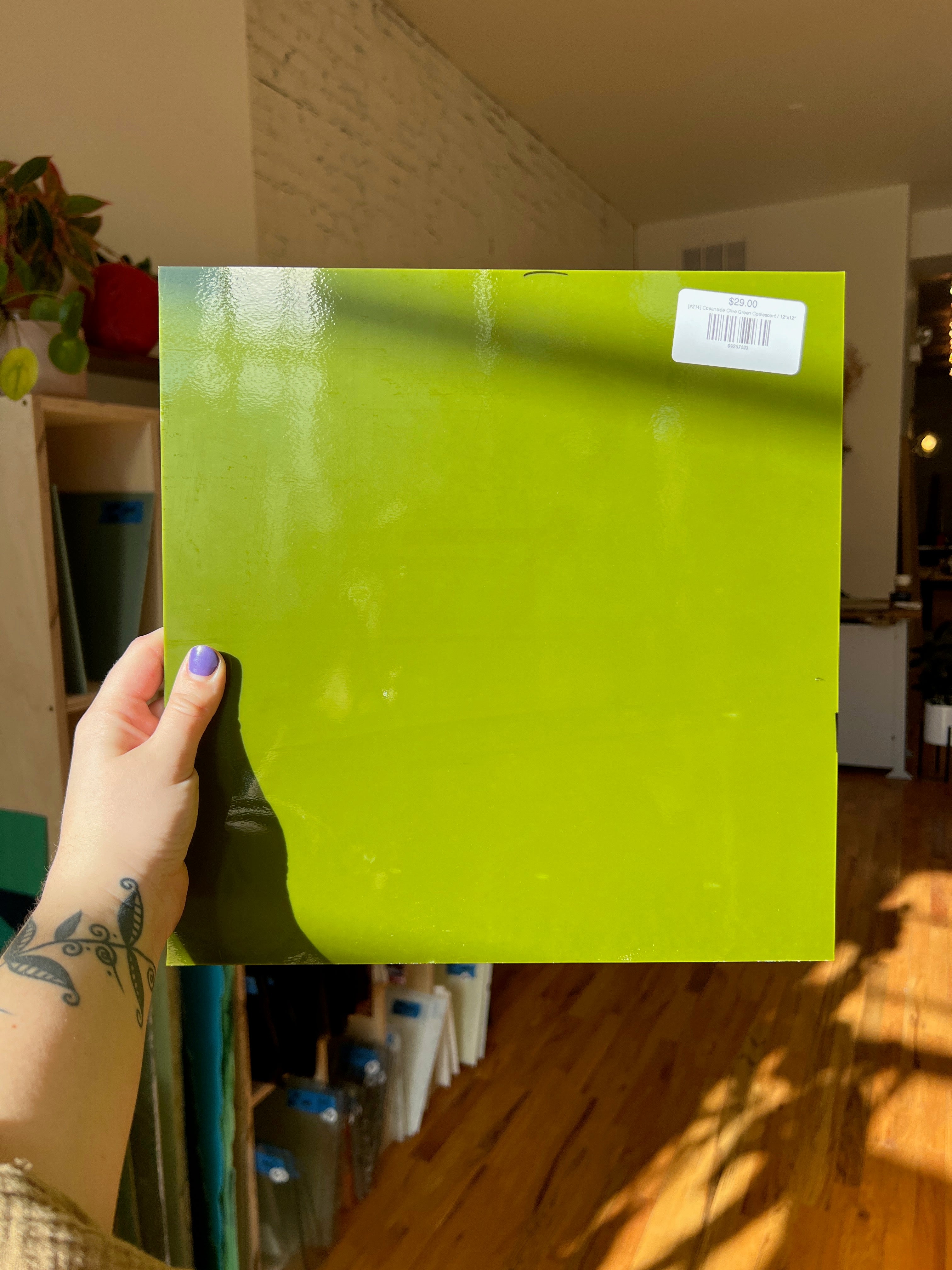 Person holding a green sheet of glass with a blurred indoor background