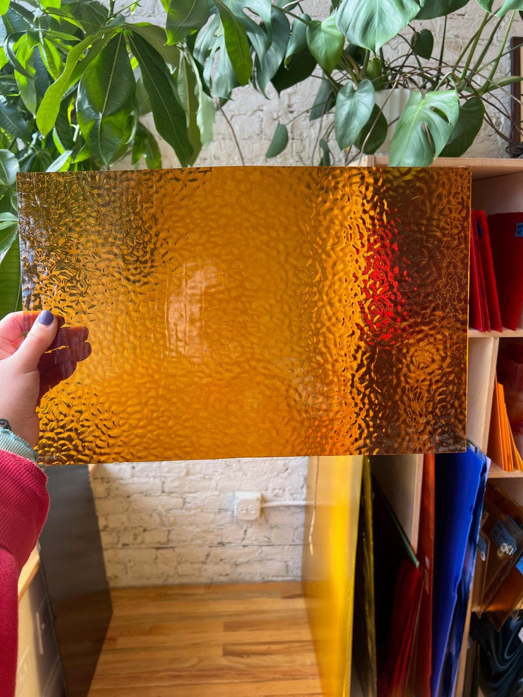 Hand holding a textured amber-colored glass panel with indoor plants and shelves in the background.